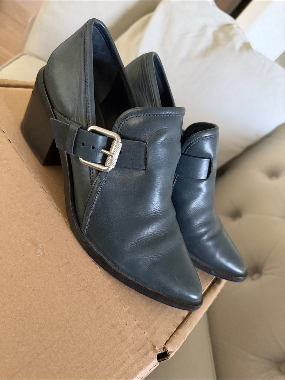 All Saints Black Leather Pointed Mule Clogs with Buckle